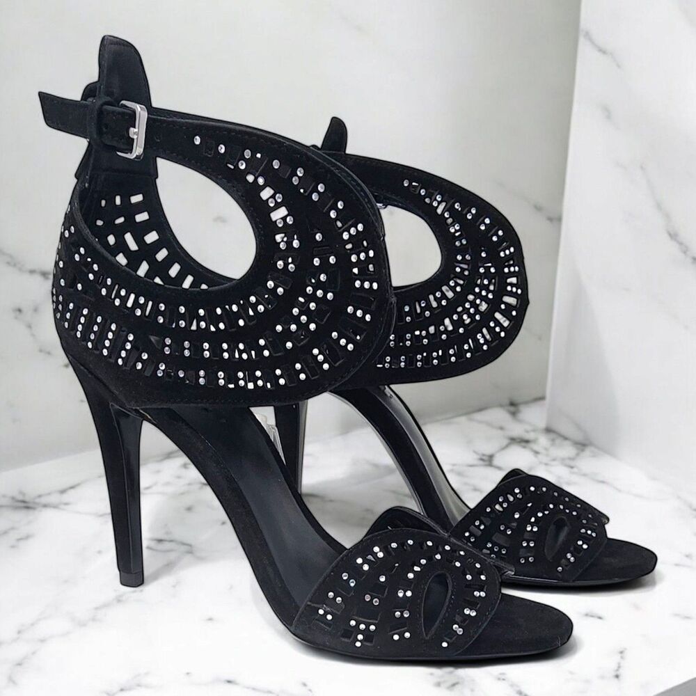 Zara Womens Black Leather Strappy 4" Heels Size 9 Open Toe Sandal Rhinestones